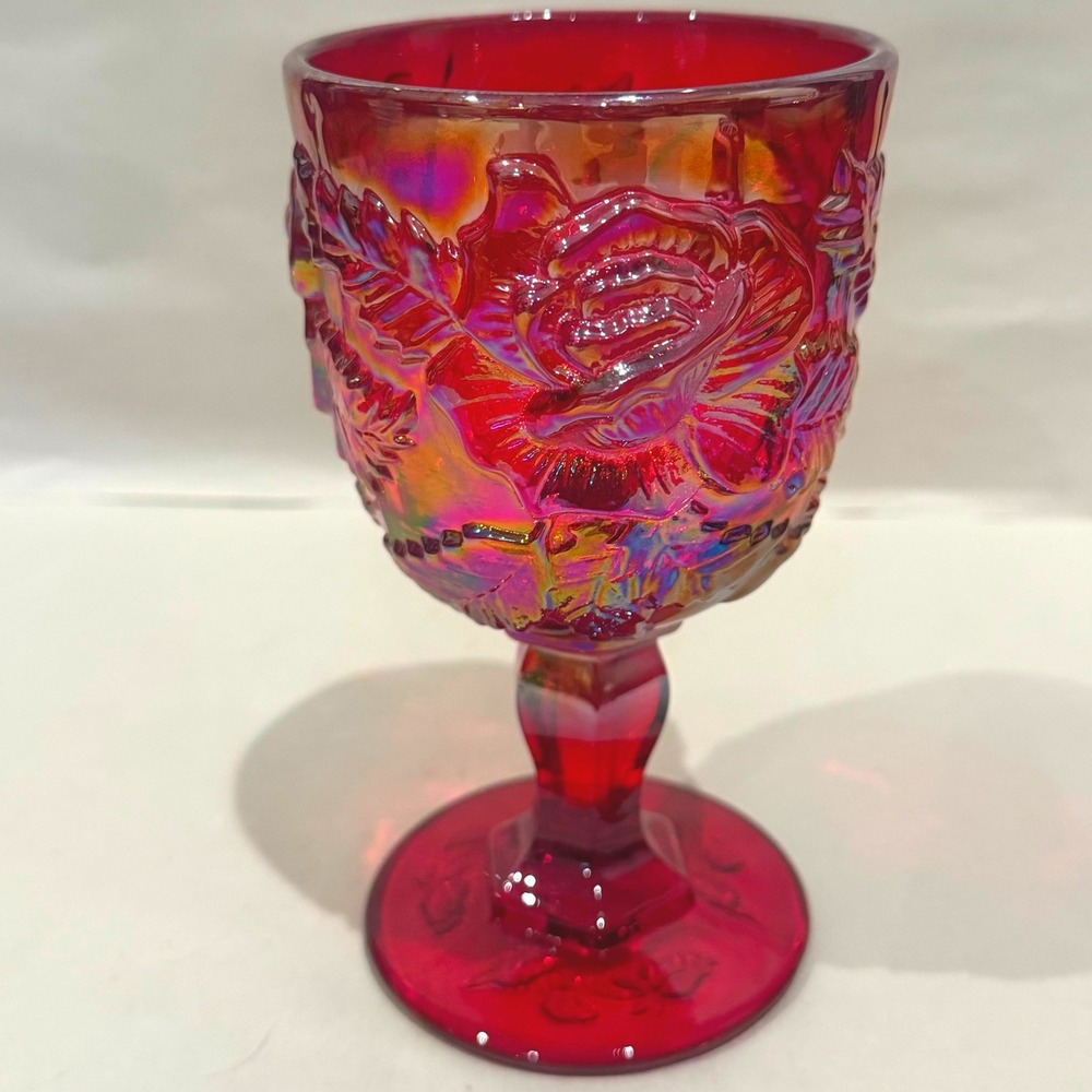 Fenton LG Wright Red Carnival Wild Rose Madonna Inn Goblet 1960s-70s UV Glass